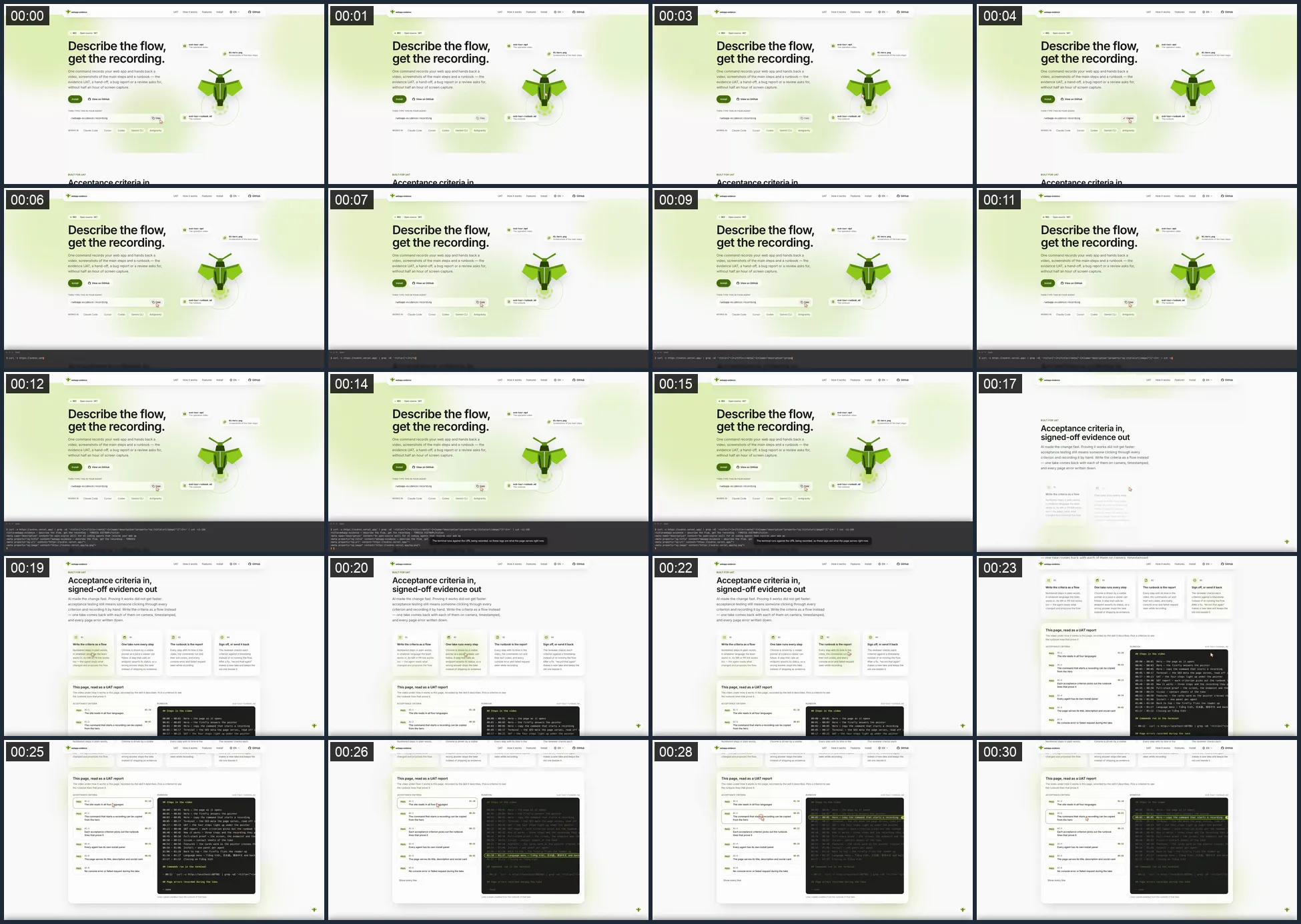 Contact sheet of this page’s take: a grid of timestamped frames